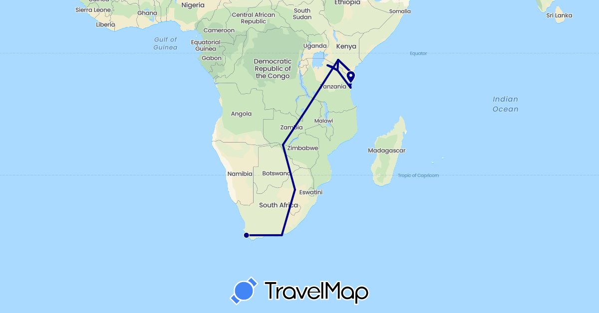 TravelMap itinerary: driving in Kenya, Tanzania, South Africa, Zambia, Zimbabwe (Africa)